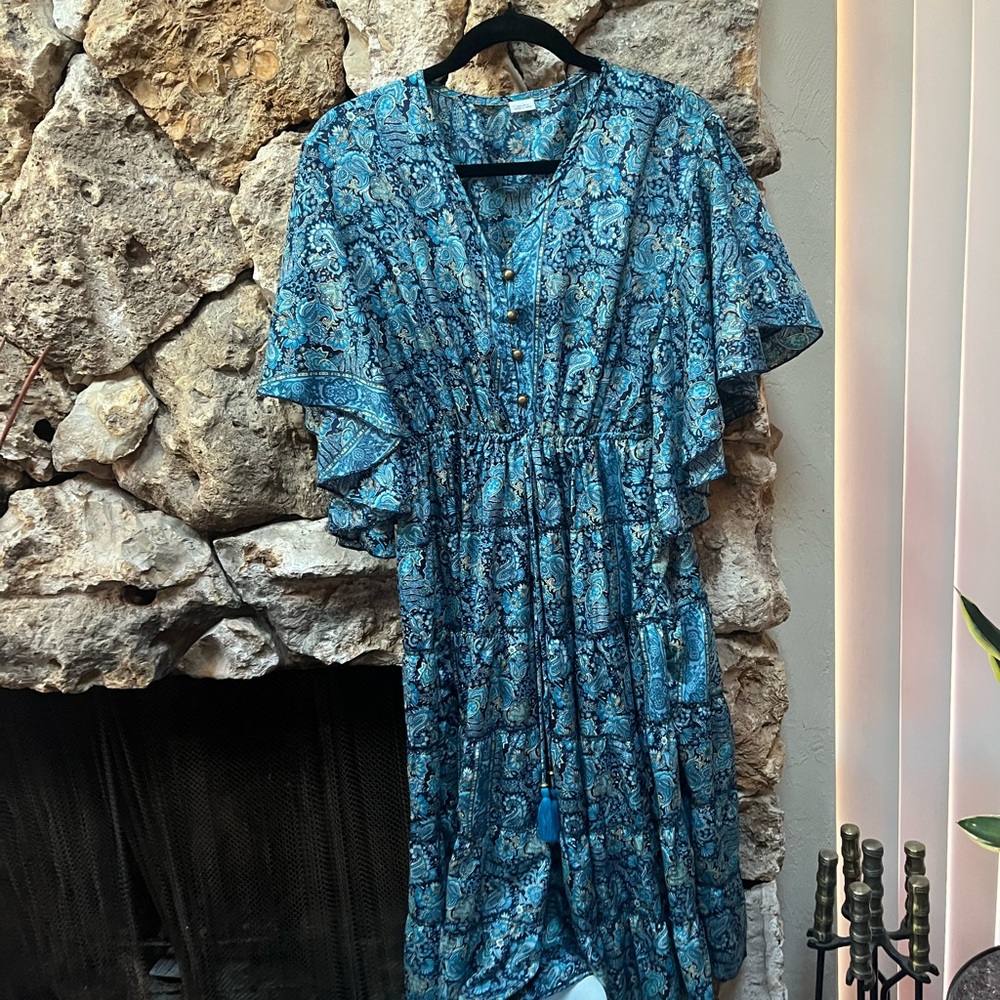 Blue Silk Paisley Dress with Tassles and Button Detail